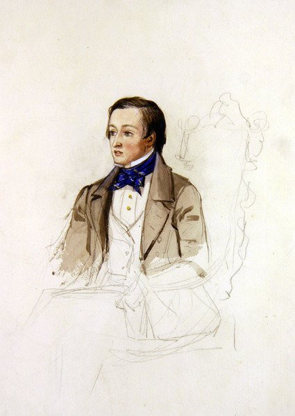 Studie til portræt af R. Stephens fra Merton College, Oxford, ca.1850 (blyant og akvarel på papir) af John Everett Millais
