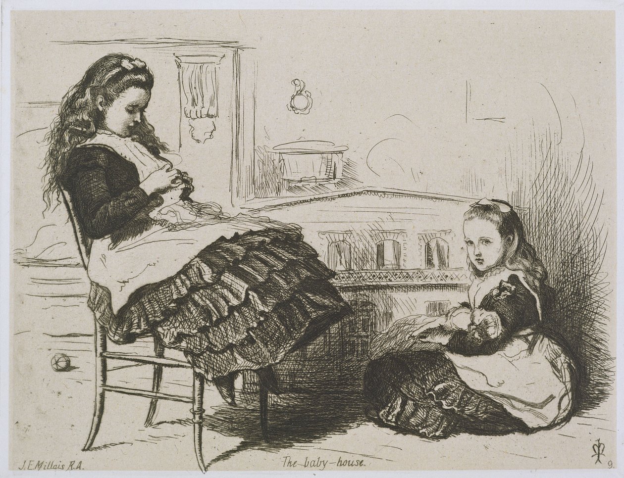The Baby House, nummer 9 fra en serie af raderinger for Art Union of London af Etching Club (ætsning på Indien prøvepapir lagt på vævet papir) af John Everett Millais