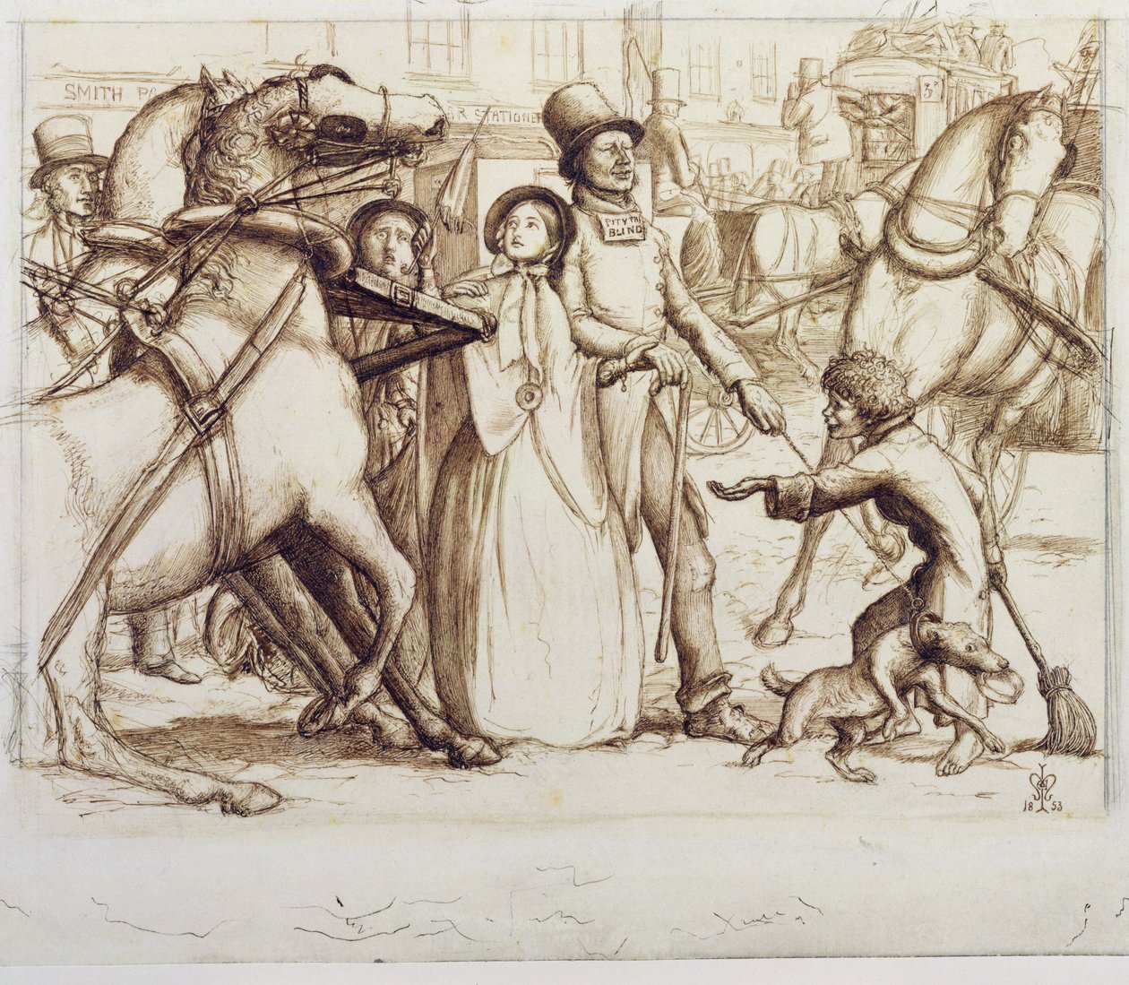 The Blind Man, 1853 (pen, blæk, vask og grafit på vævet papir) af John Everett Millais