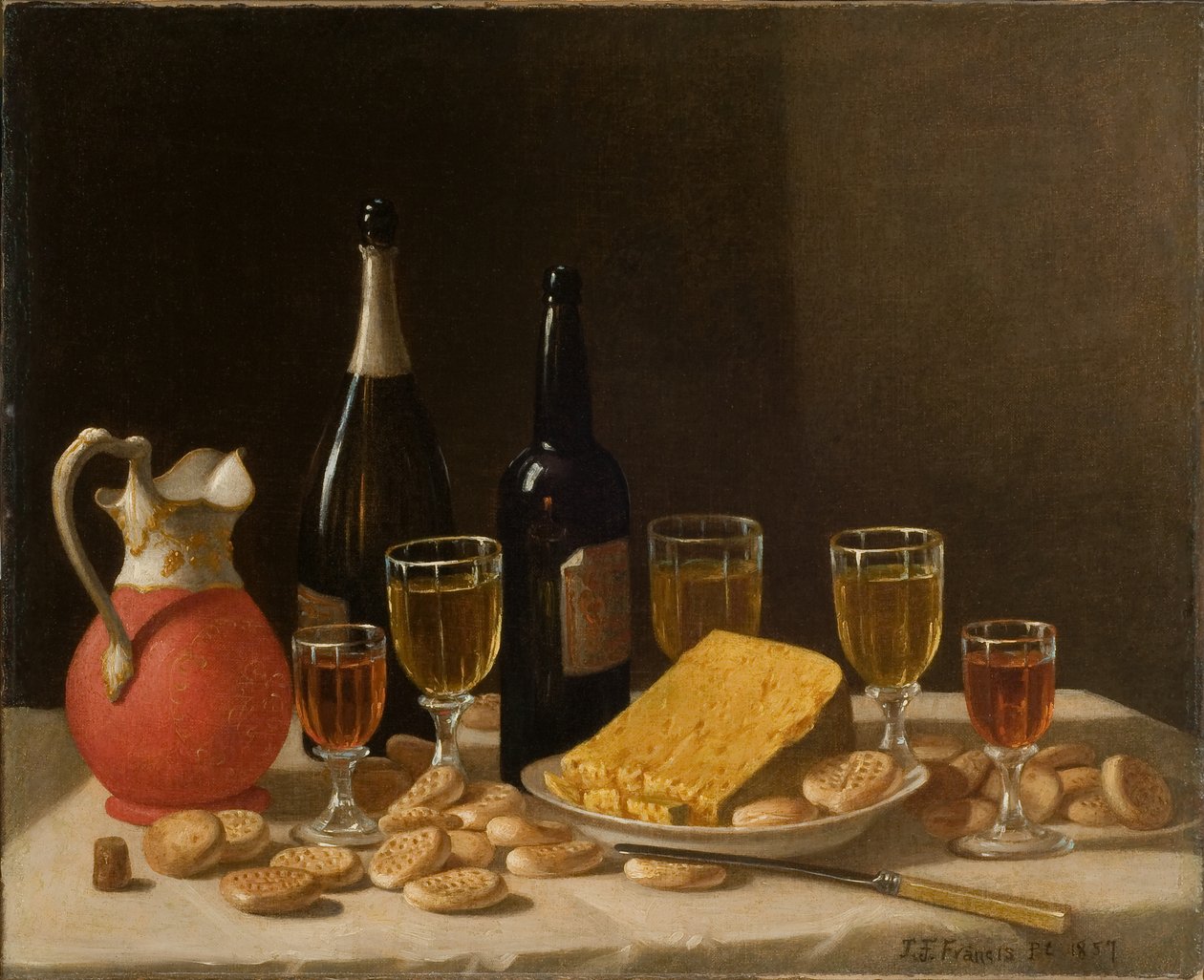 Stilleben med flasker, vin og ost 1857 (Olie på lærred) af John F. Francis