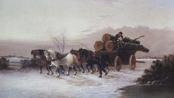 Trævogn i sneen af John F. Morris