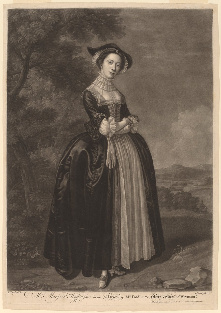 Mrs. Margaret Woffington i rollen som Mrs. Ford i The Merry Wives of Windsor af John Faber II after Edward Haytley