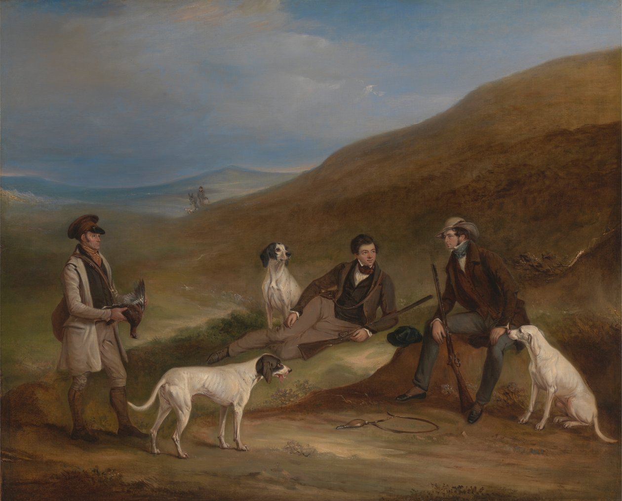 Edward Horner Reynard og hans bror George Grouse skyder i Middlesmoor, Yorkshire, med deres vildtholder Tully Lamb af John Ferneley