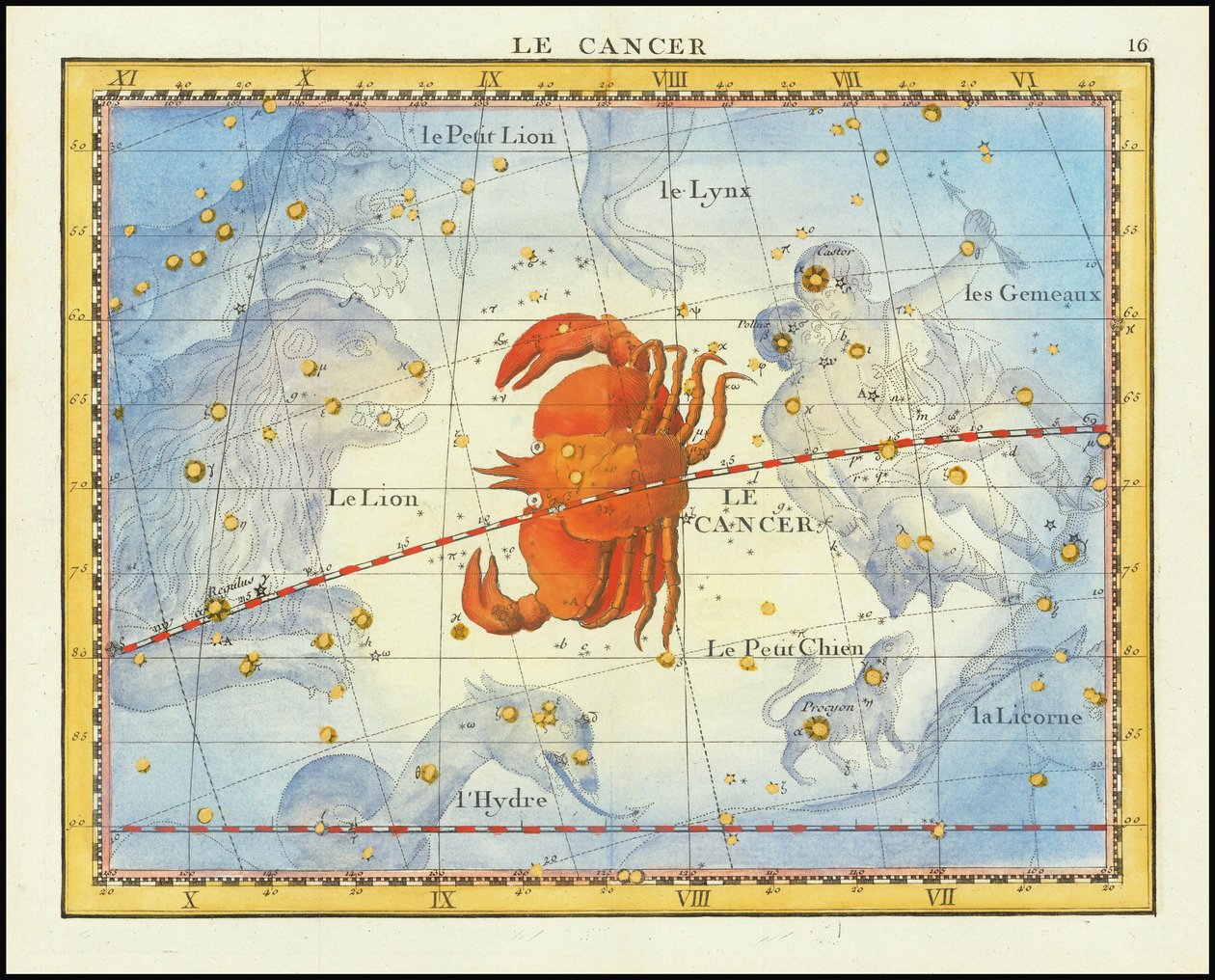 1776 kort over stjernebilledet Krebsen og de omkringliggende stjernebilleder, fra Fortins Atlas Celeste de Flamsteed af John Flamsteed