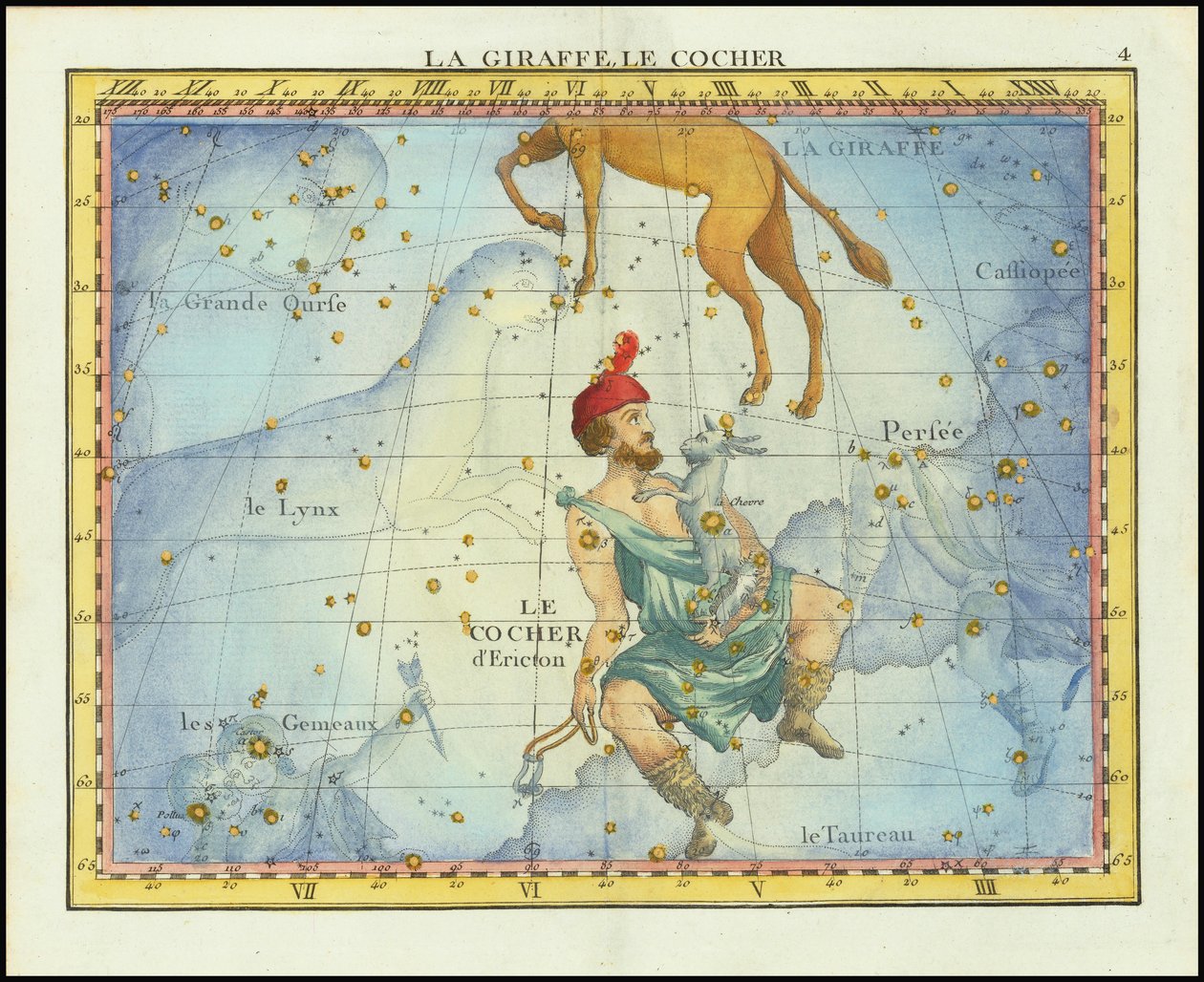 1776 stjernekort over konstellationerne Camelopardal  Auriga og nabokonstellationer, fra Fortins Atlas Celeste de Flamsteed af John Flamsteed