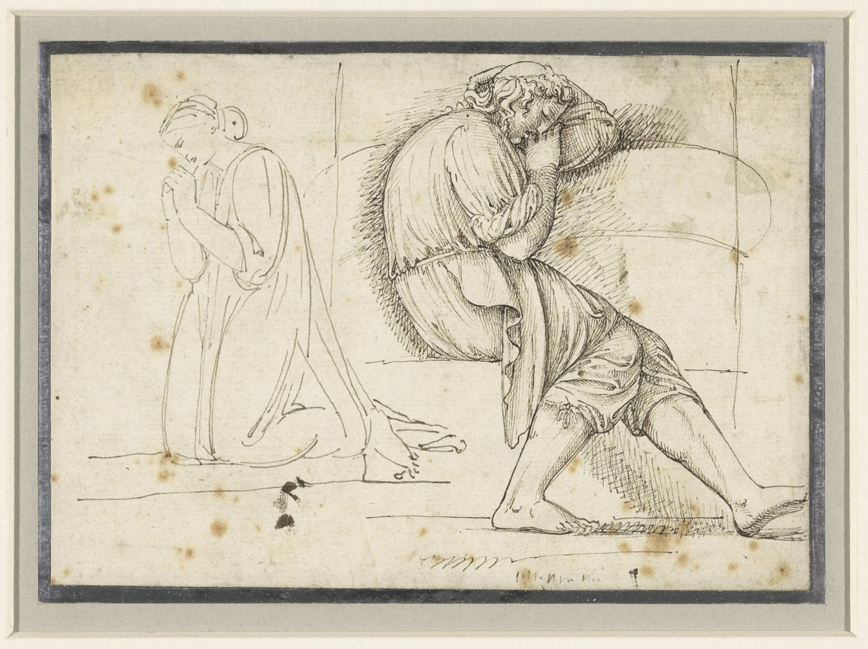 Studieark med en sovende ung mand og en knælende bedende kvinde af John Flaxman (II)