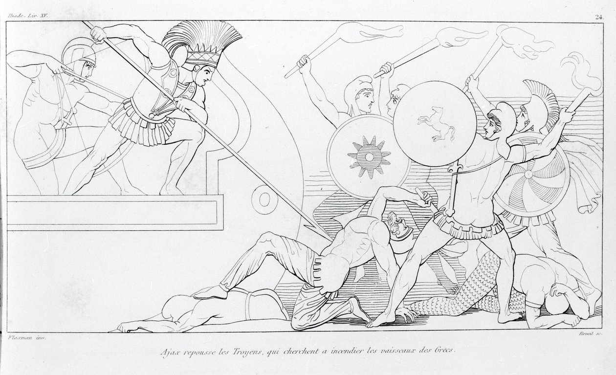 Ajax frastøder trojanerne, der søger at brænde de græske skibe. Tegning af John Flaxman (1755 - 1826). Homers Iliaden. Sang XV. af John Flaxman