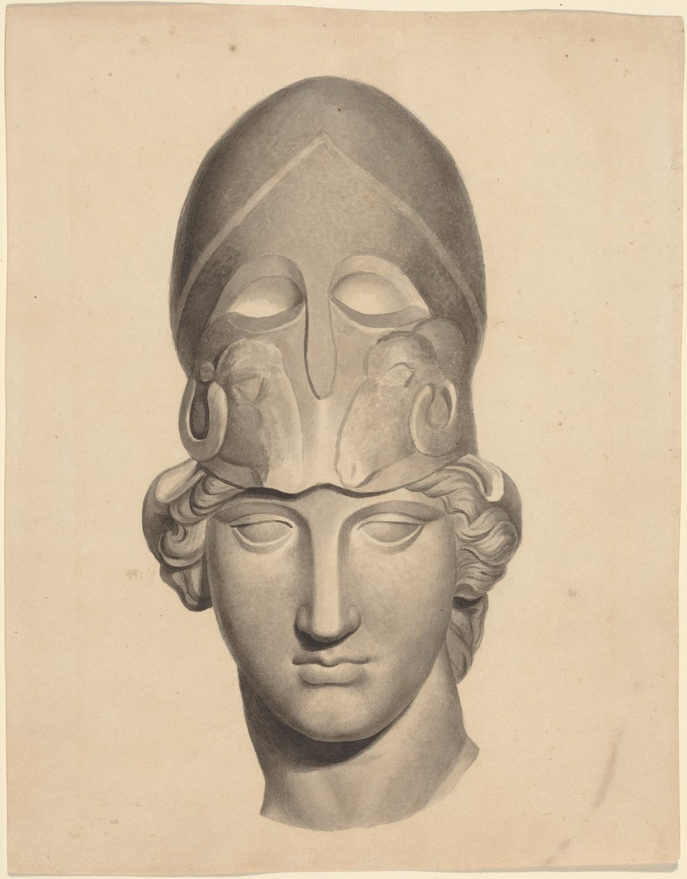 Antikt hoved med hjelm (pensel og gråt blæk med grå vask) af John Flaxman