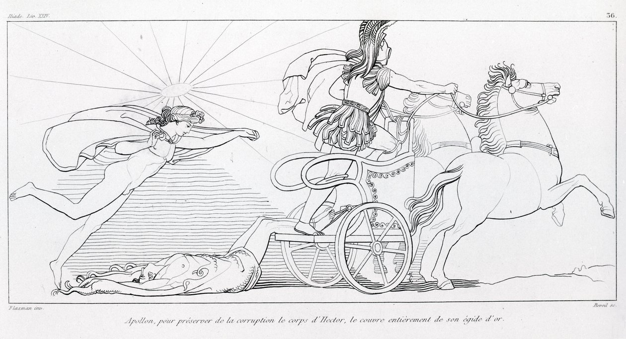 Apollo, solens gud, for at bevare Hectors krop dækker ham fuldstændigt med hans gyldne aegis. Sang XXIV. Tegning af John Flaxman (1755 - 1826). Homers Iliaden. af John Flaxman