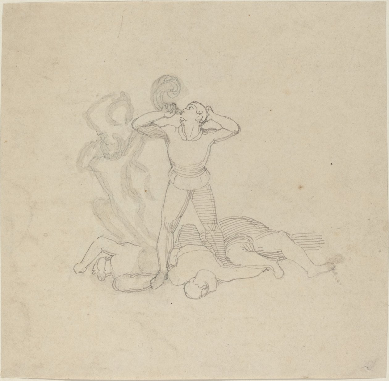 Figur stående over lig, blæser et horn af John Flaxman