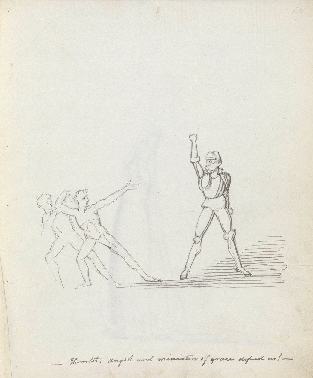 Hamlet. engle og nådetjenere forsvarer os!, 1783 (pen, blæk og vask på papir) af John Flaxman