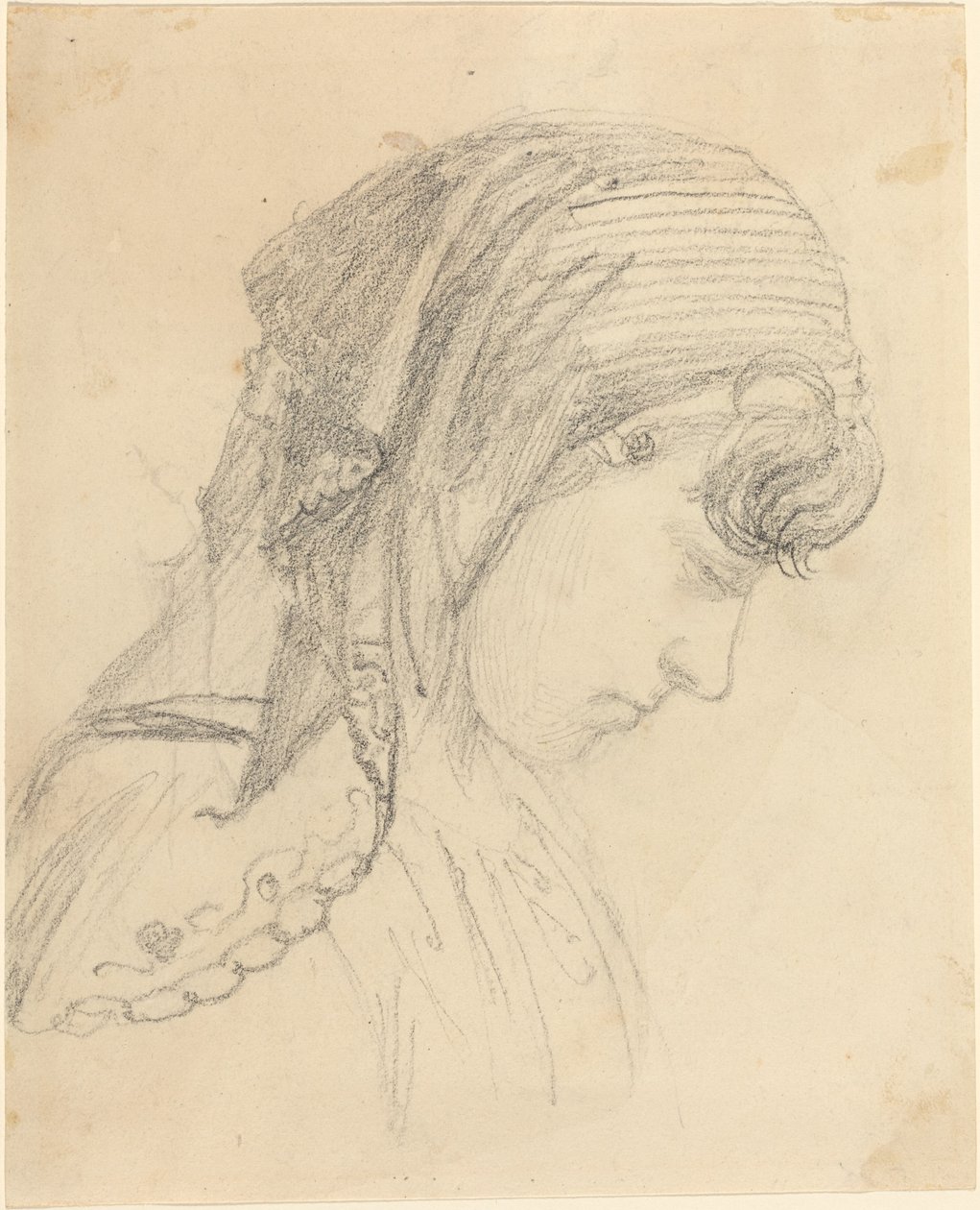 Hovedet af en kvinde i et tørklæde, der kigger ned af John Flaxman