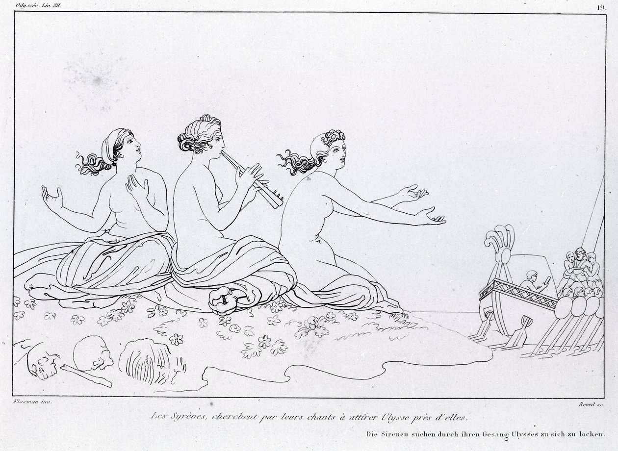 Havfruer søger ved deres sang at tiltrække Ulysses. Tegning af John Flaxman (1755 - 1826). Homers Odyssé. Sang XII. af John Flaxman