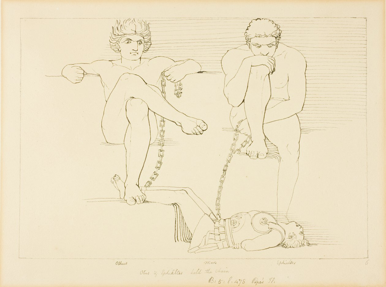 Othus og Ephialtes holder Ares fanget af John Flaxman