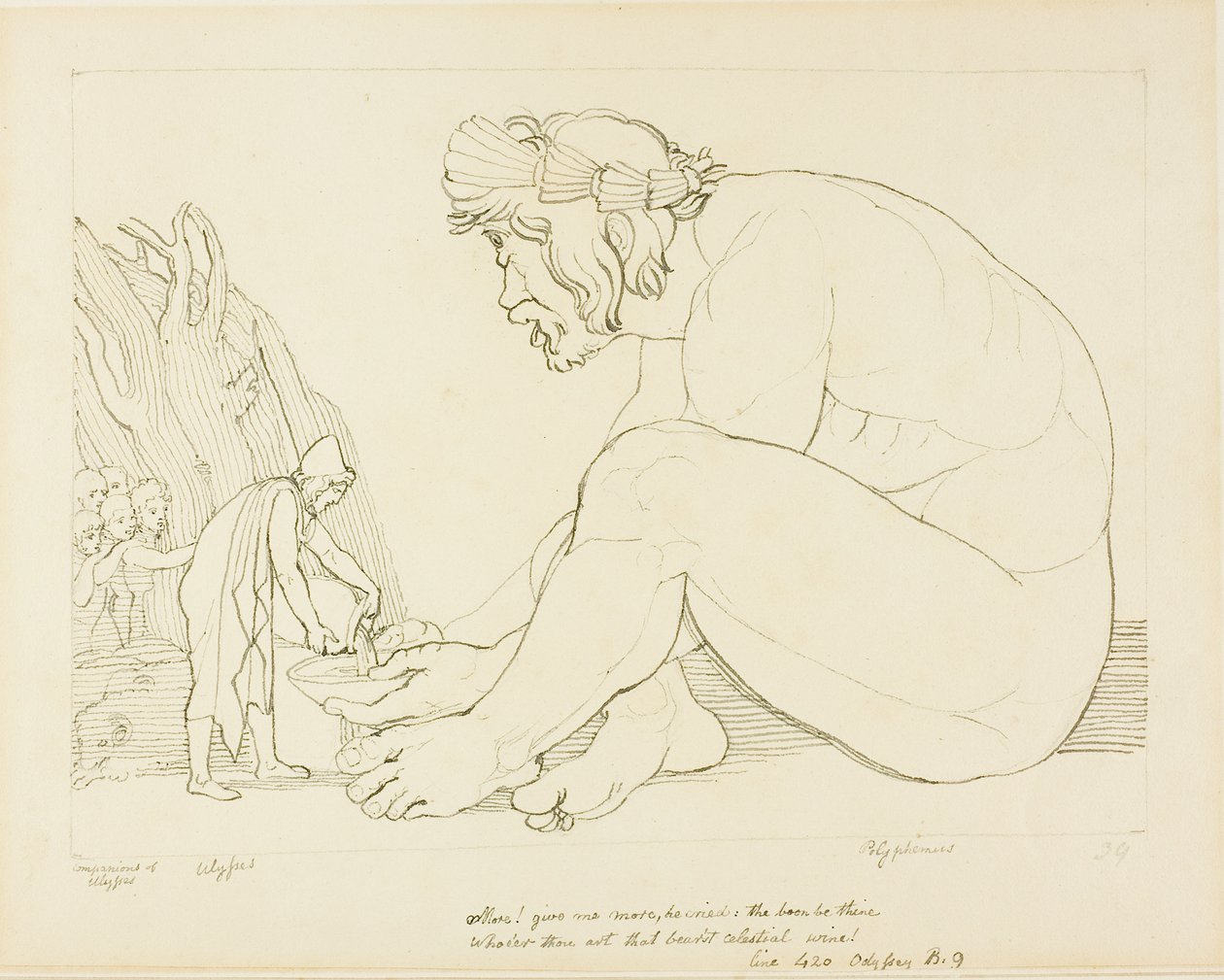 Polyfemos beder Odysseus om mere vin af John Flaxman