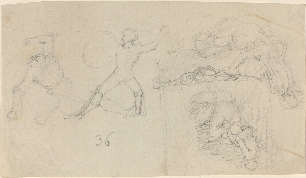Ark med skitser, inklusive to krigere, der kæmper af John Flaxman