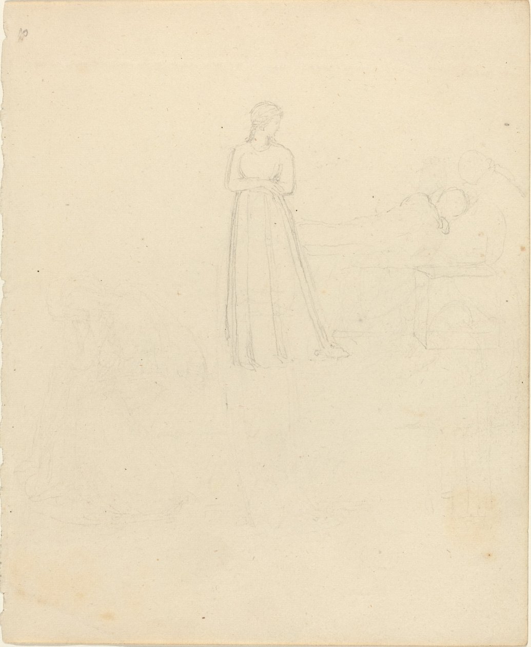 Stående kvindefigur ser på liggende og siddende figurer af John Flaxman
