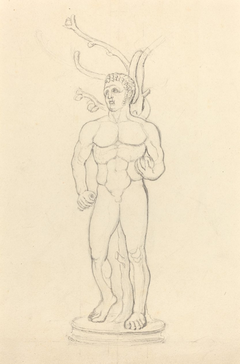 Statue af en mandlig nøgen foran et træ af John Flaxman