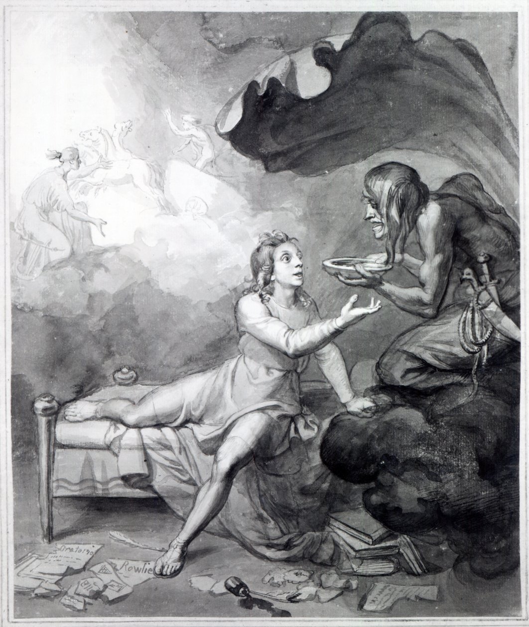 Thomas Chatterton modtager en skål med gift fra Despair (pen, blæk og vask på papir) af John Flaxman