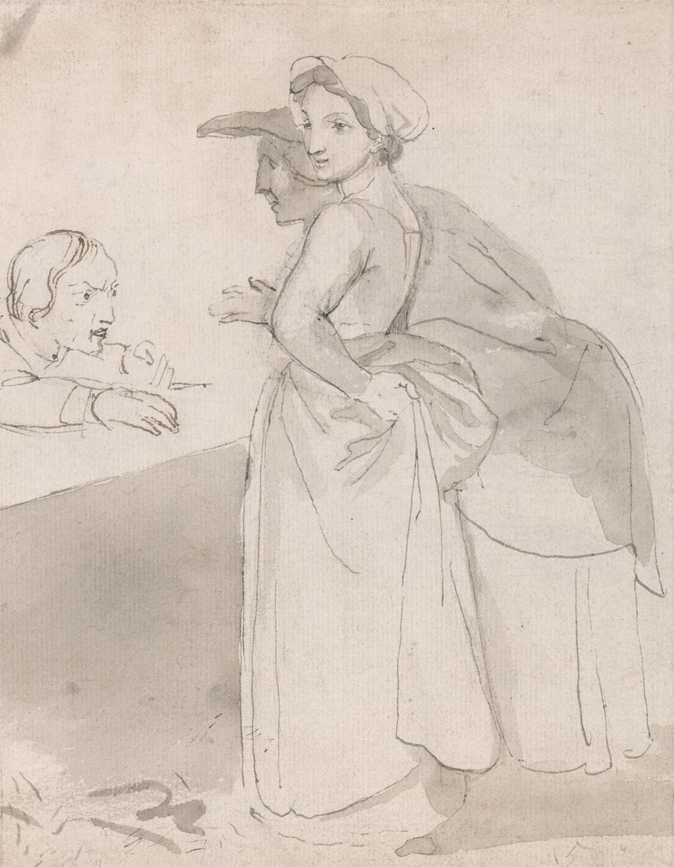 To kvinder taler med en mand ved en skranke af John Flaxman