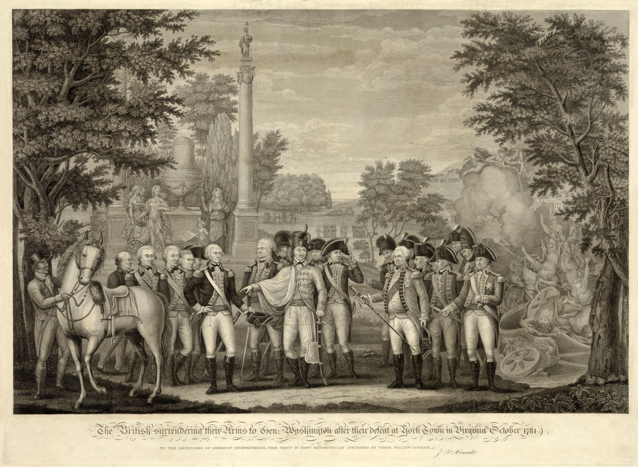 Briterne overgav deres våben til general Washington efter deres nederlag ved York Town i Virginia oktober 1781, pub. 1819 (gravering) af John Francis (after) Renault