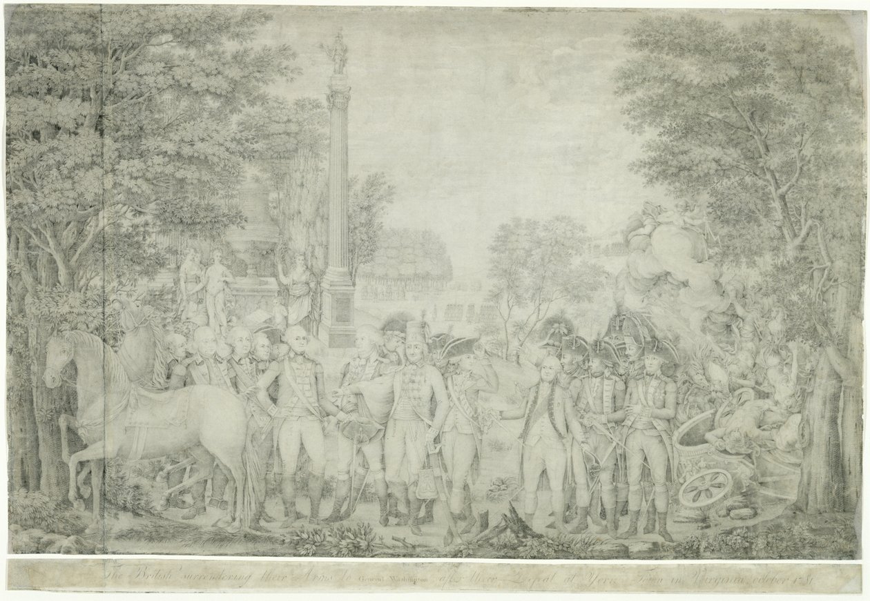 Briterne overgiver deres våben til general Washington efter deres nederlag ved Yorktown i Virginia, oktober 1781, 1810-1815 af John Francis Renault