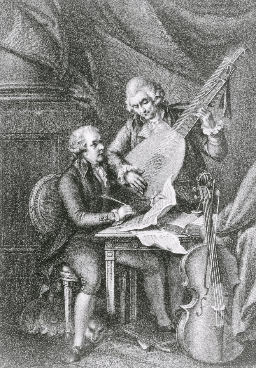 Portræt af Franz Joseph Haydn (1732-1809) og Wolfgang Amadeus Mozart (1756-91), der komponerer musik for lut, indgraveret af Michele Benedetti (1745-1810) af John Francis Rigaud