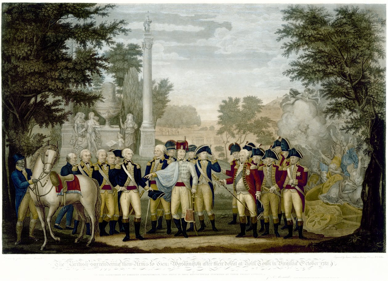 Briterne overgav deres våben til general Washington efter deres nederlag ved York Town i Virginia oktober 1781, 1819 (håndfarvet kobberstik) af John Francis Renault