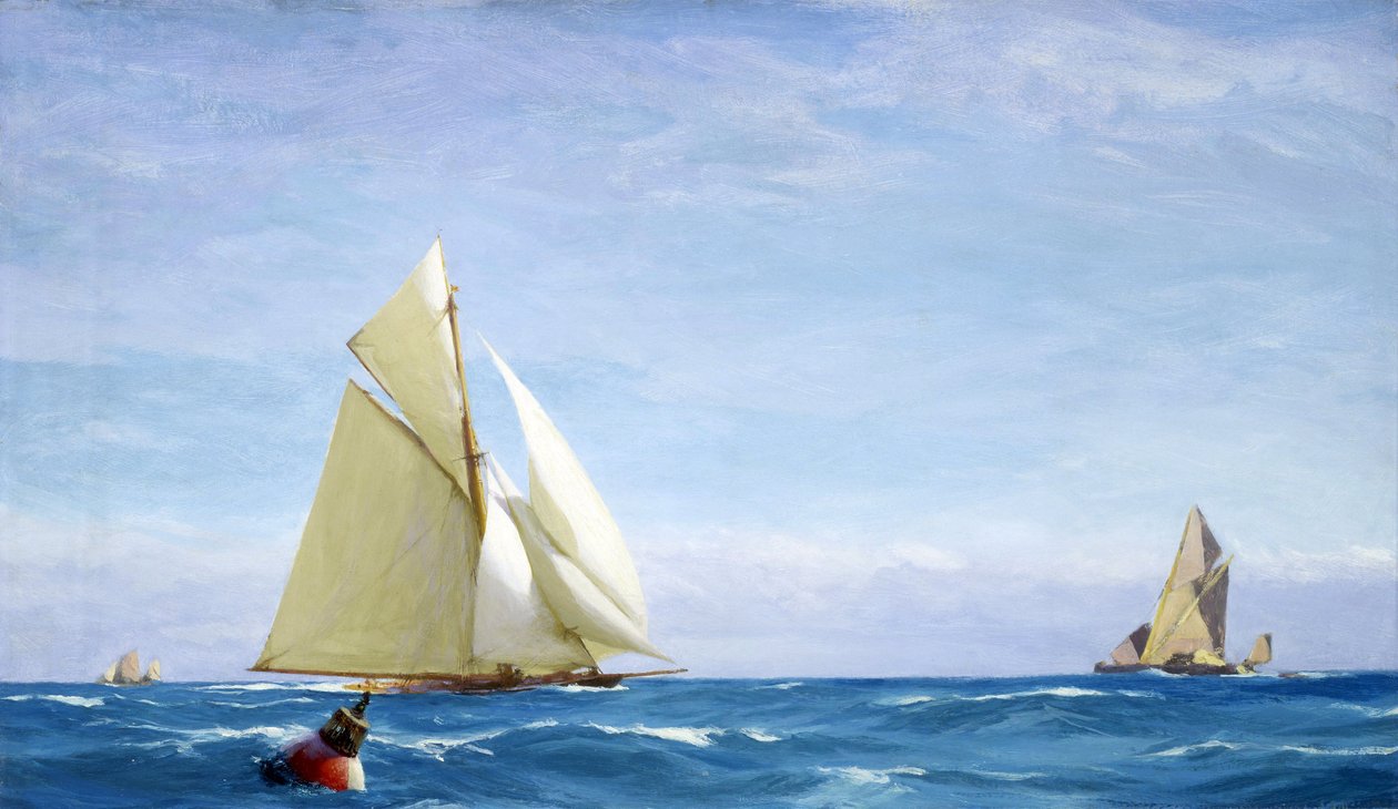 En stor sejlbåd og en pram på Themsen ud for en havn. Olie på lærred, ca. 1910, af John Fraser (1858-1927). af John Fraser