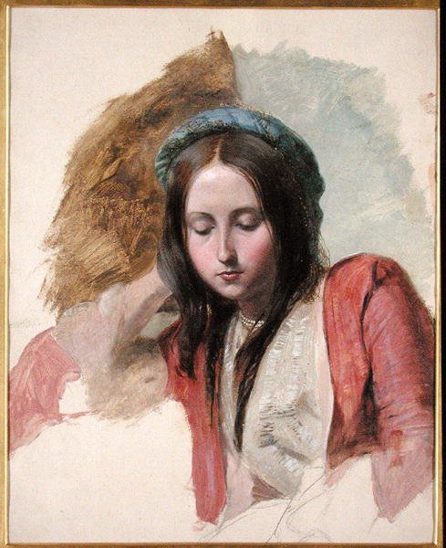 Studie af en kvinde (olie og blyant på papir) af John Frederick (attr.to) Lewis