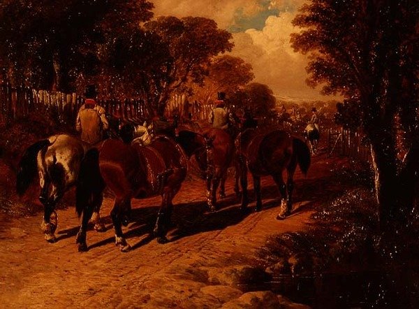 Træner heste og grooms på en sti af John Frederick Herring Jnr
