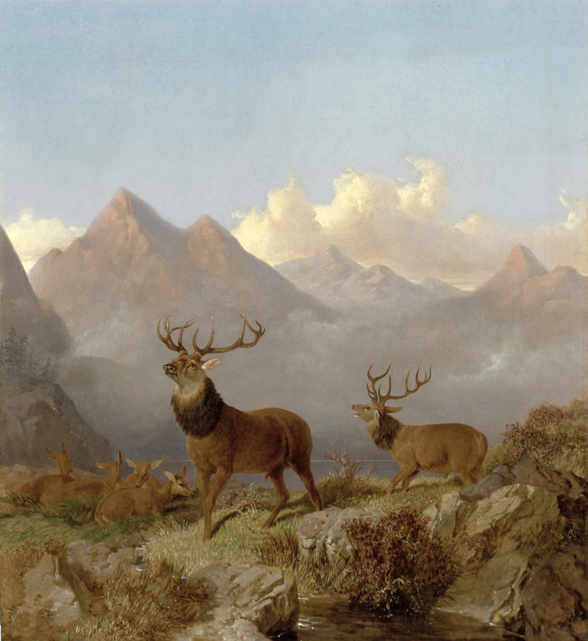 Detalje af hjorte og hinde i et højlandslandskab, 1864 af John Frederick Herring Junior
