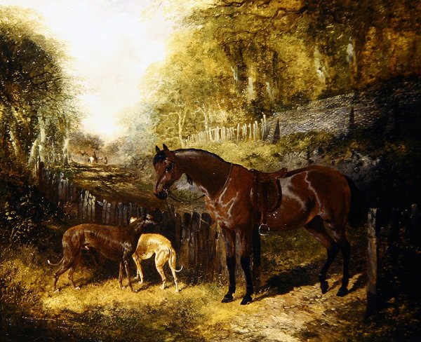 Pony og Greyhounds in a Landscape (olie på lærred) af John Frederick Herring Jnr