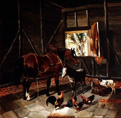 Staldinteriør med vognhest og æsel af John Frederick Herring Jnr