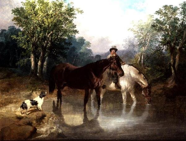 To heste, en mand og en hund ved et vandløb af John Frederick Herring Jnr