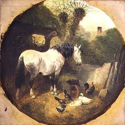 En vognhest, der spiser hø fra en trillebør i en gård af John Frederick Herring Senior