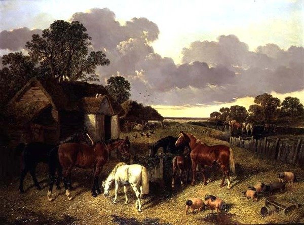 Heste, grise, fjerkræ, and og kvæg i en gård af John Frederick Herring Senior