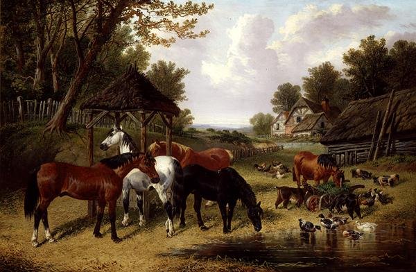 Heste ved en gårddam (olie på lærred) af John Frederick Herring Senior