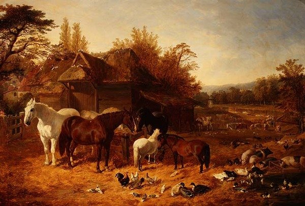 Gården med heste, ponyer, Berkshire sadelryg, Alderney Shorthorn kvæg og fjerkræ af John Frederick Herring Senior