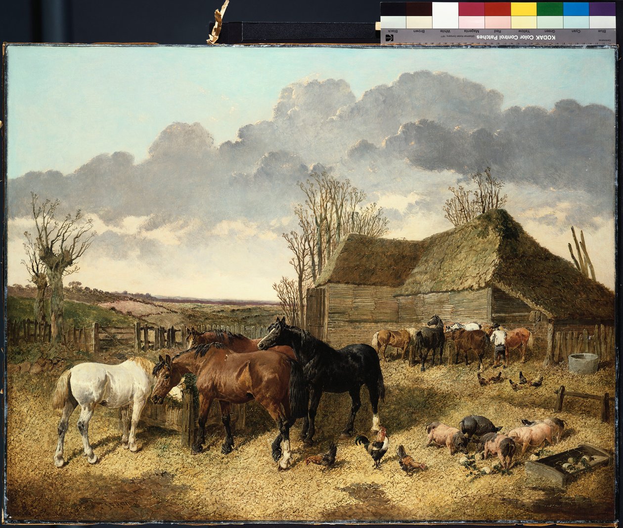Heste spiser fra en krybbe, med grise og høns i en gård af John Frederick Herring Junior
