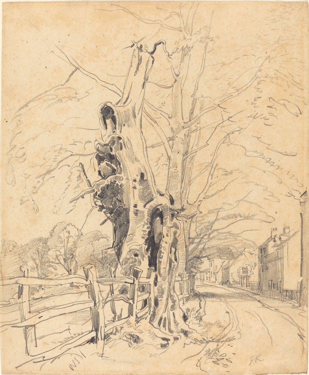 Træer ved et jernbanehegn af John Frederick Kensett