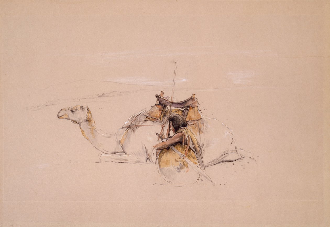 En bisharin-araber ved sin kamel (blyant og akvarel) af John Frederick Lewis