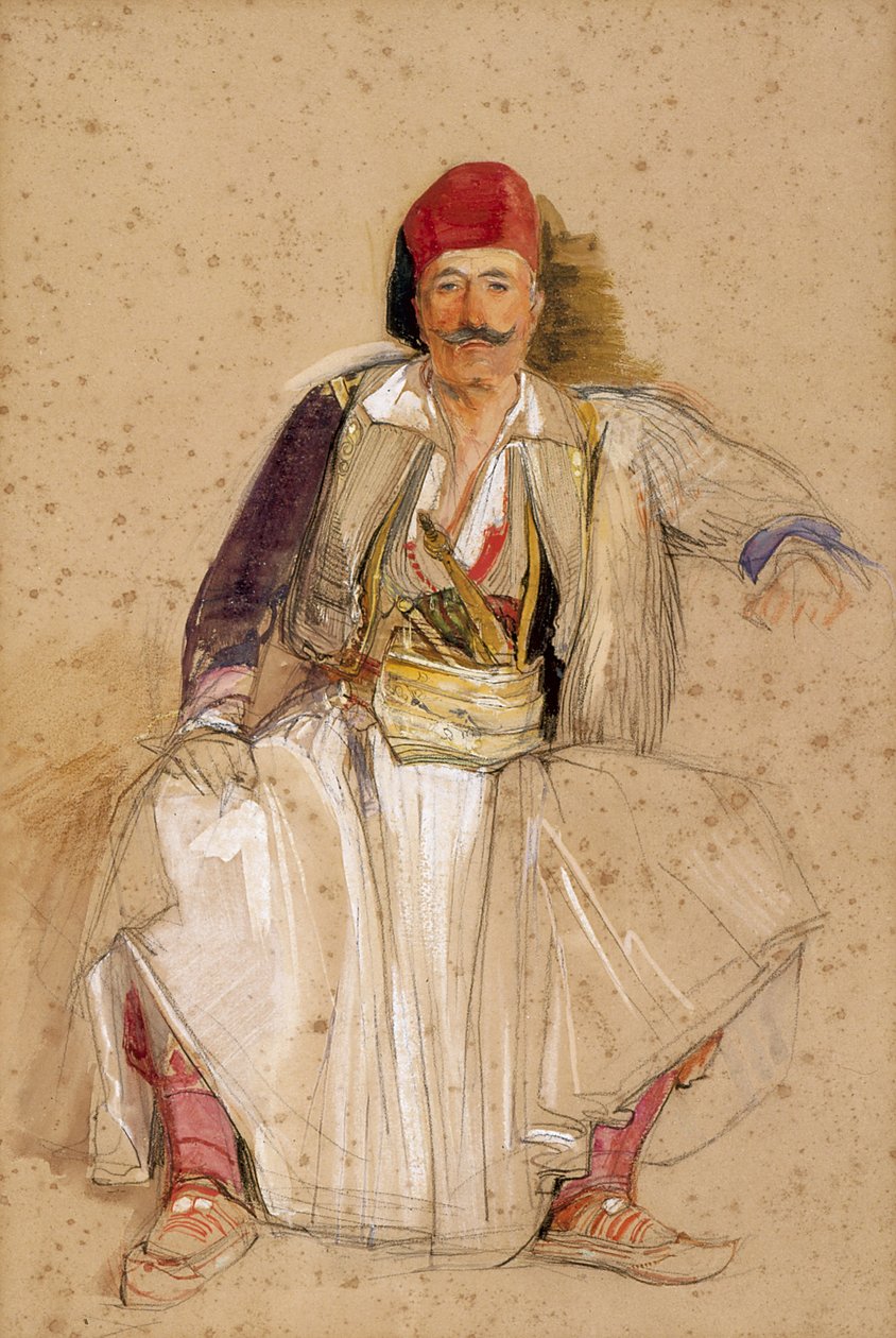 A Corfiote Warrior, Siddende (akvarel over blyant på råhvidt papir) af John Frederick Lewis