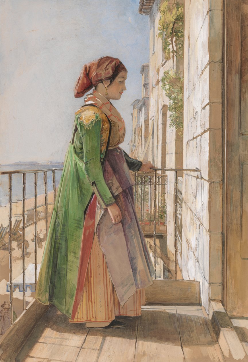 En græsk pige, der står på en balkon af John Frederick Lewis