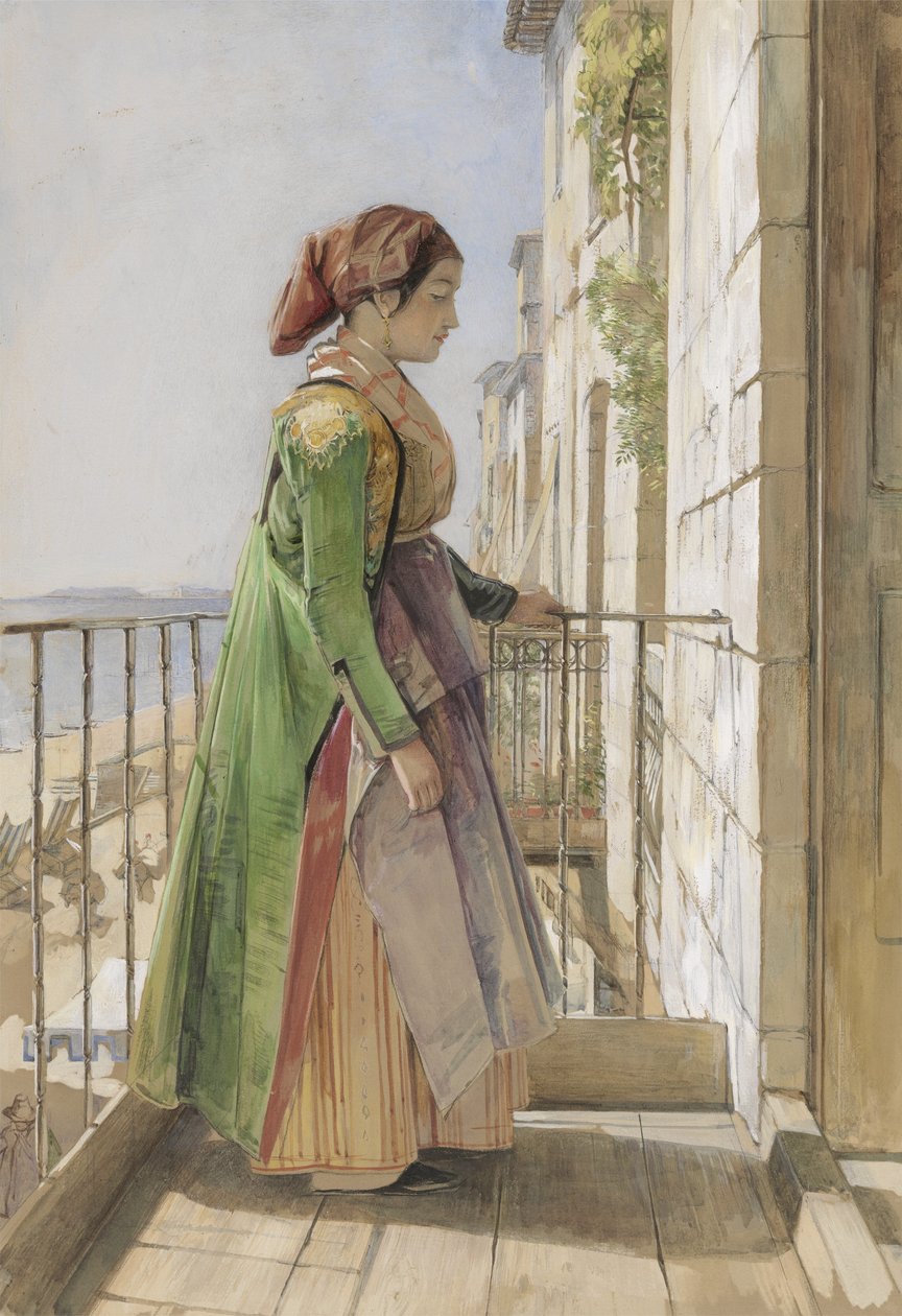 En græsk pige, der står på en balkon, ca. 1840 (akvarel og gouache over grafit på papir) af John Frederick Lewis