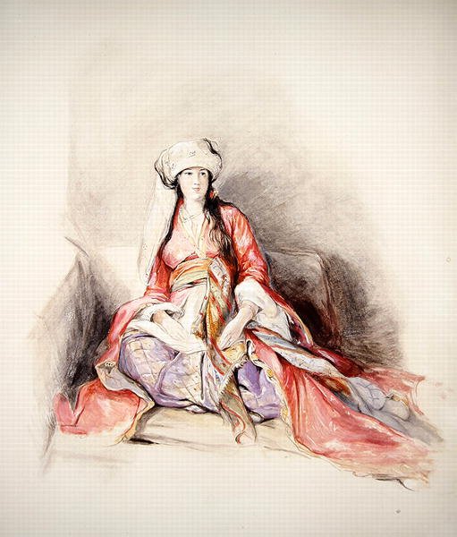 En Levantinsk dame i tyrkisk kjole, Konstantinopel (akvarel over blyant forhøjet med kropsfarve) af John Frederick Lewis