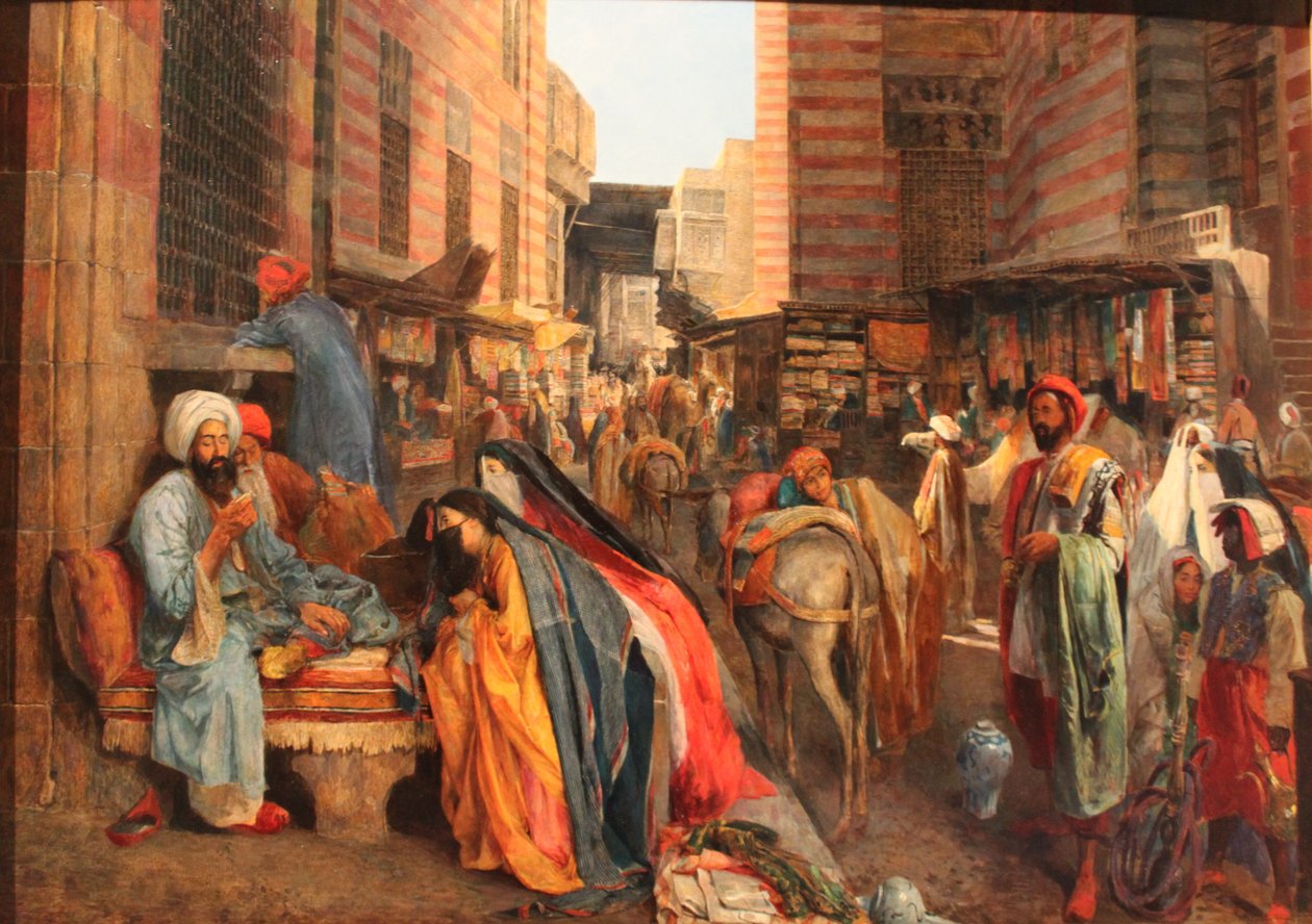 Fransk: La Rue et la mosquée al-Ghouri au Caire Gadescene nær El Ghouri-moskeen i Cairo af John Frederick Lewis