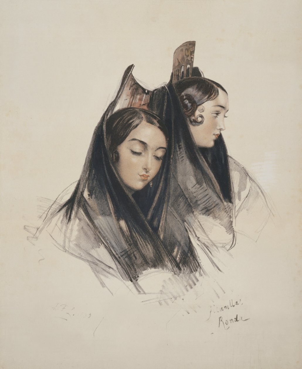 Girls of the Ronda, Andalusia, plade 11 fra Sketches of Spain, indgraveret af Charles Joseph Hullmandel (1789-1850) udgivet 1836 af John Frederick Lewis