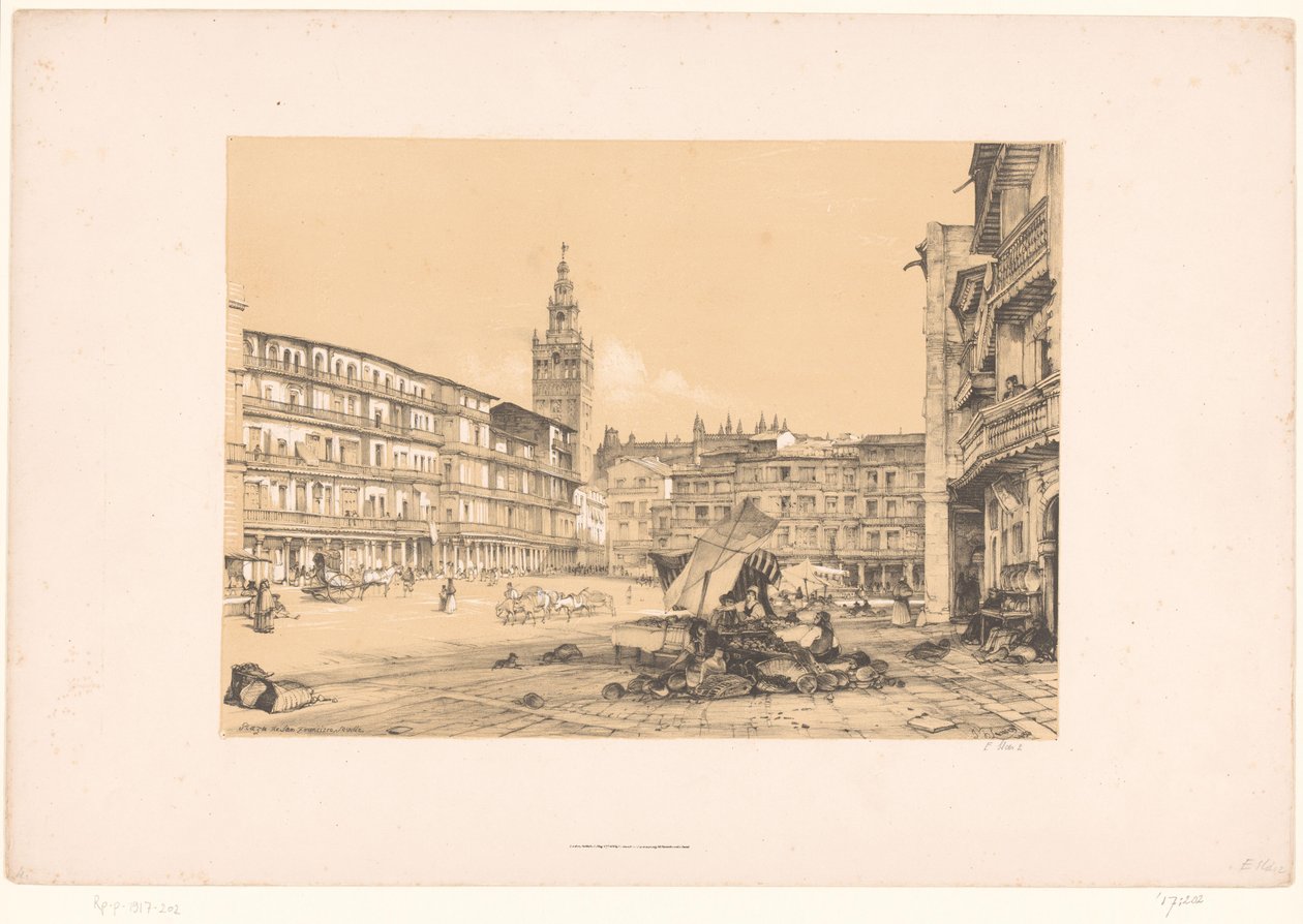Skitser af en rejse til Spanien: Plaza de San Francisco, i Sevilla Plaza de San Francisco, Sevilla (titel på objekt) af John Frederick Lewis