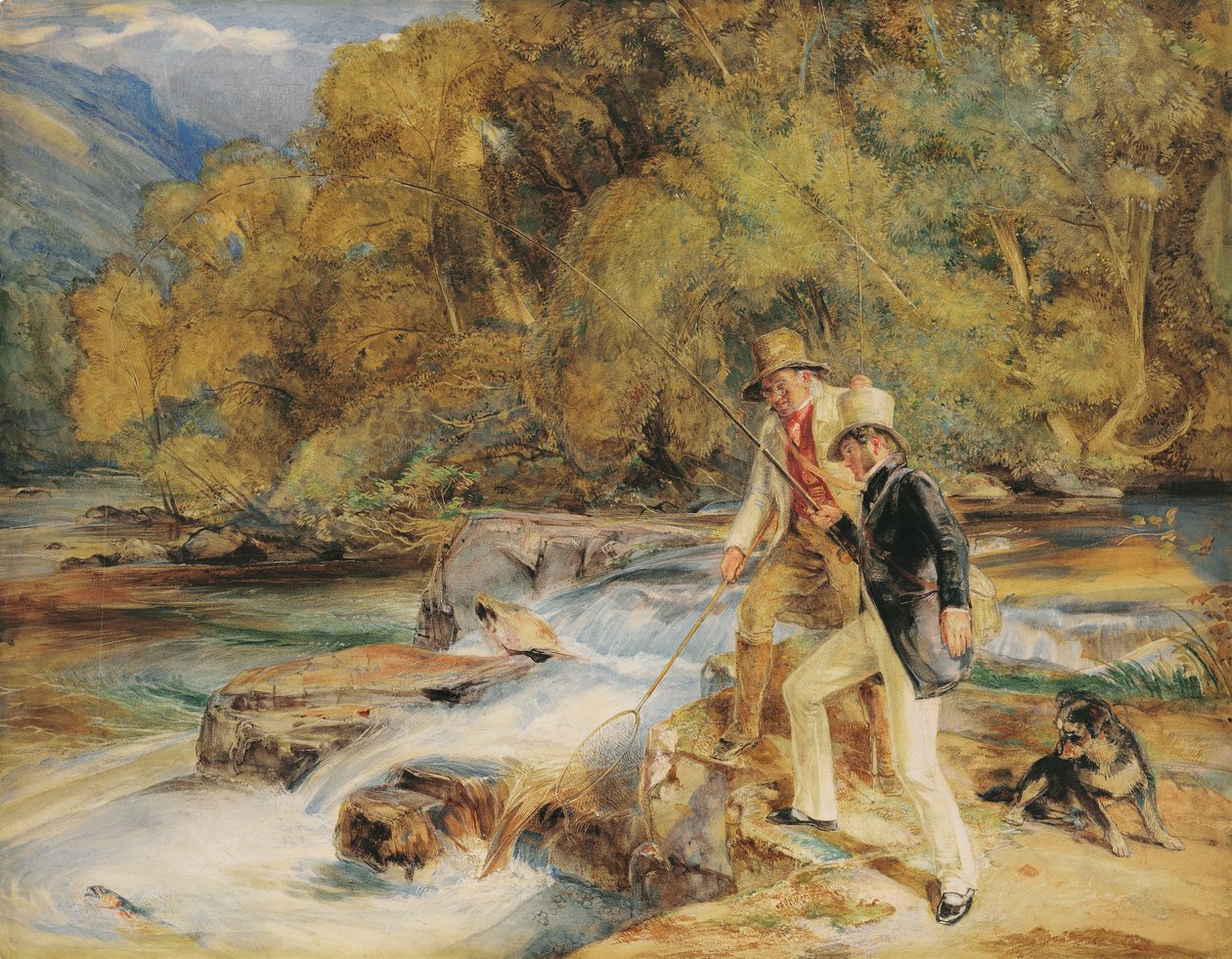 Sir Edwin Landseer, R.A. med en ghillie, der fisker efter laks, muligvis ved floden Dart, nær Holne, Devon (blyant & w/c med gummi arabicum & kropsfarve & ridser ud på papir) af John Frederick Lewis